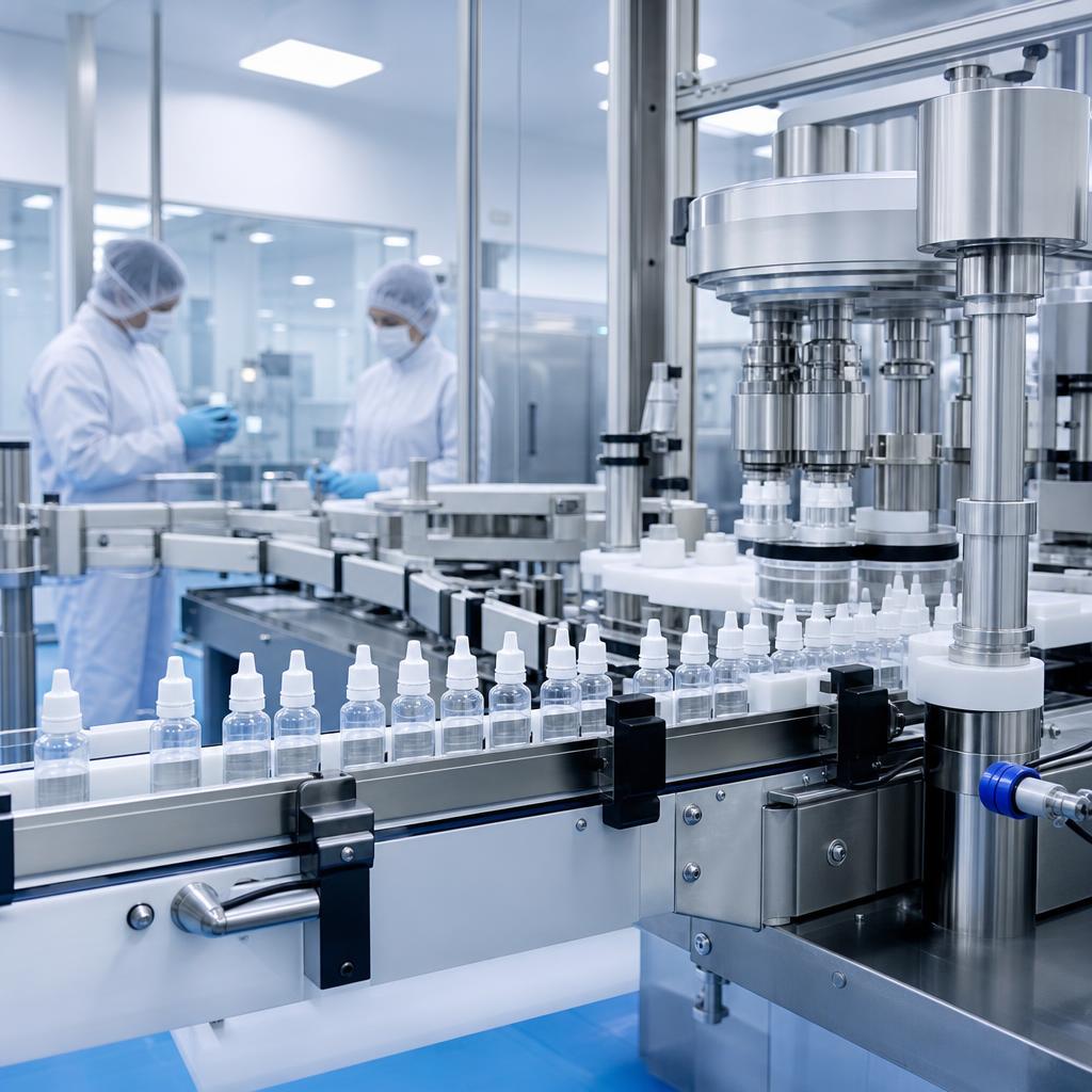 Sterile eye-drop bottles moving through a pharmaceutical filling line